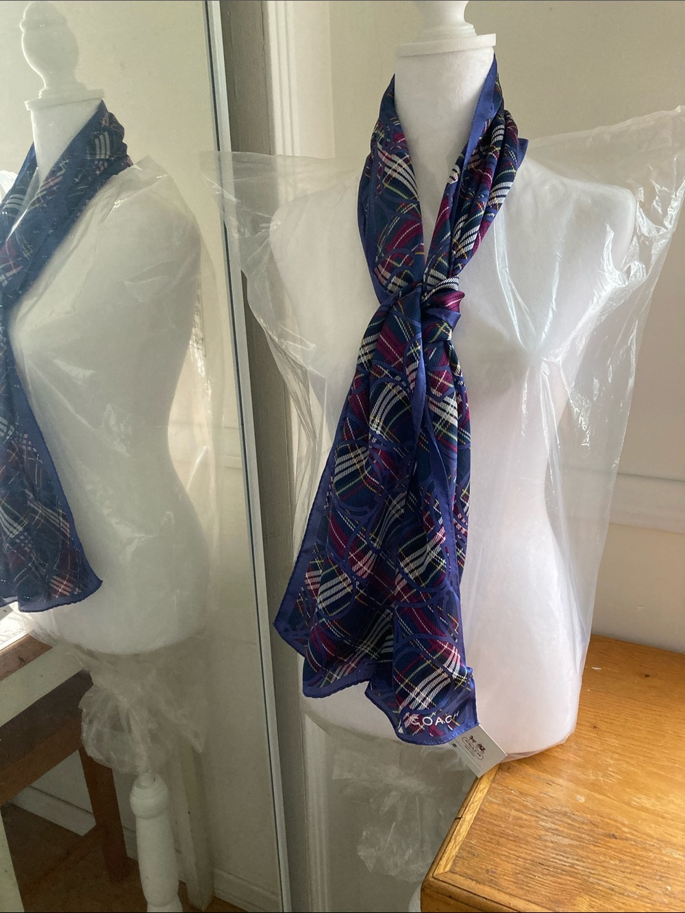 Coach Navy Multicolor Plaid Silk Scarf - Picture 3 of 5